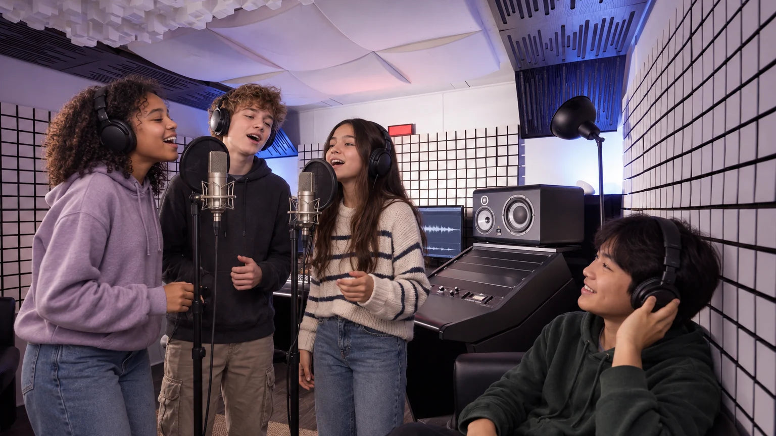 Quatre préadolescents enregistrent en groupe dans la régie du Studio B
