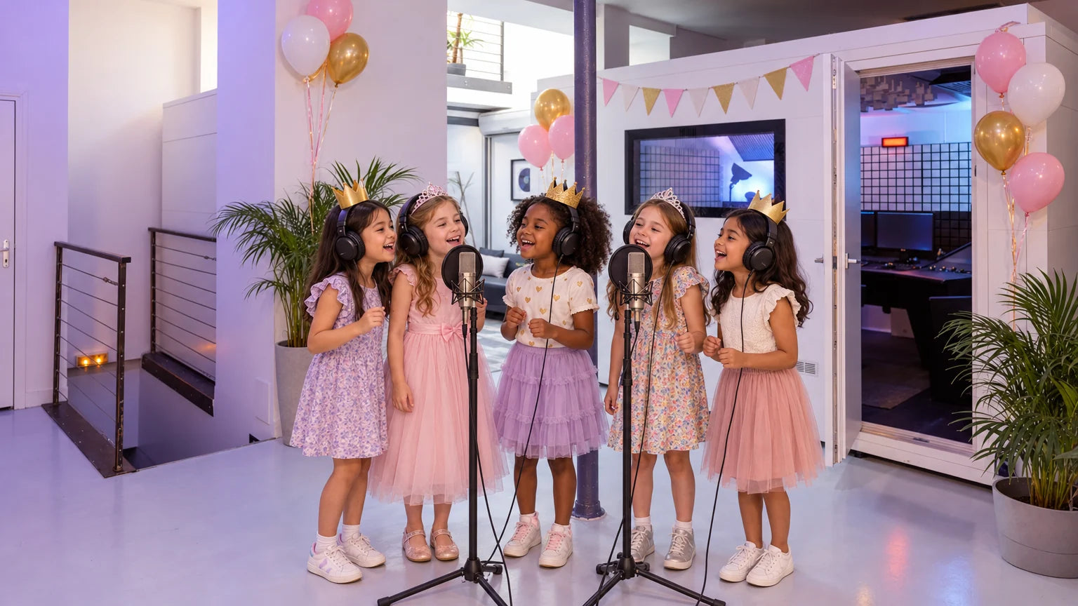 Robes, couronnes et chansons de contes dans une ambiance princesse au studio